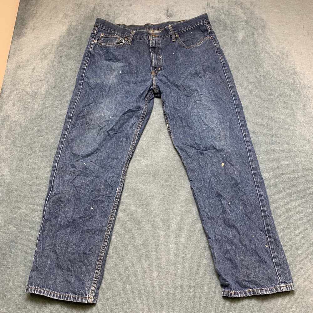 George Jeans Mens 36x30 Blue Denim Dark Wash Paint Splatter Relaxed Fit Workwear